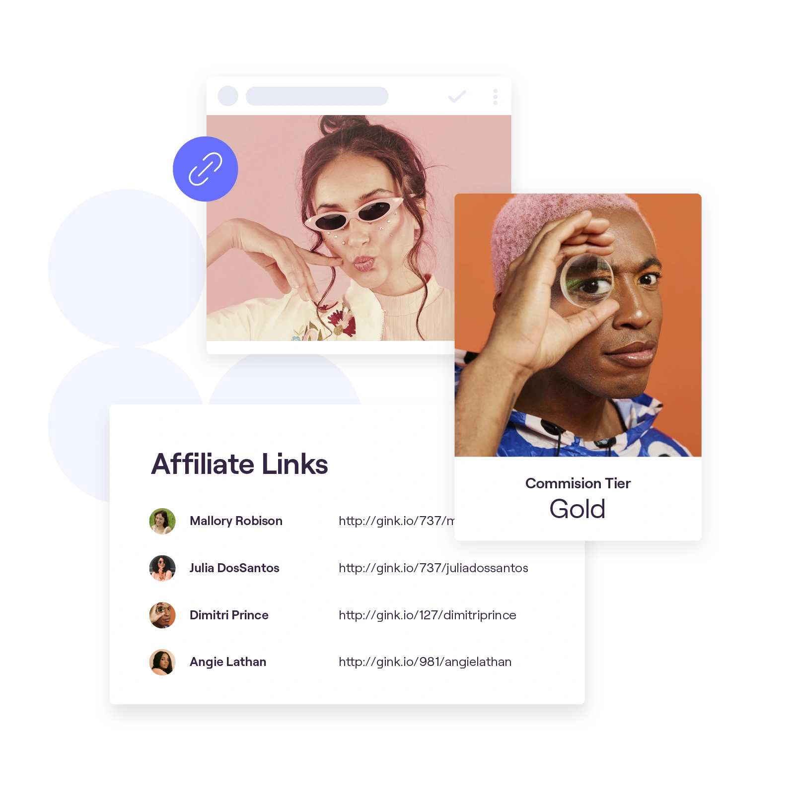 Stylized images of two content creators and a list of affiliate links
