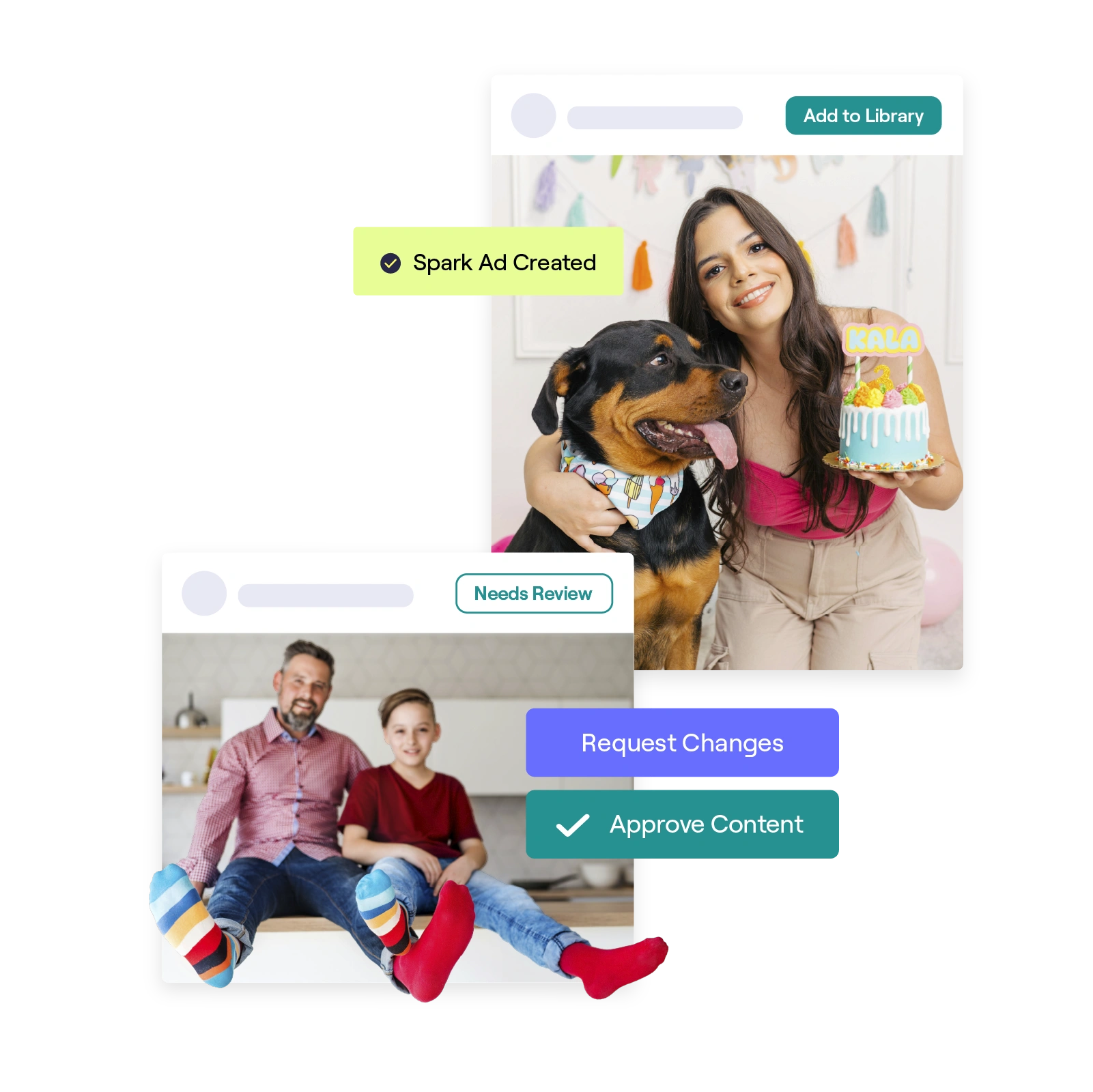 Stylized image of a content creator with a dog and another with a child