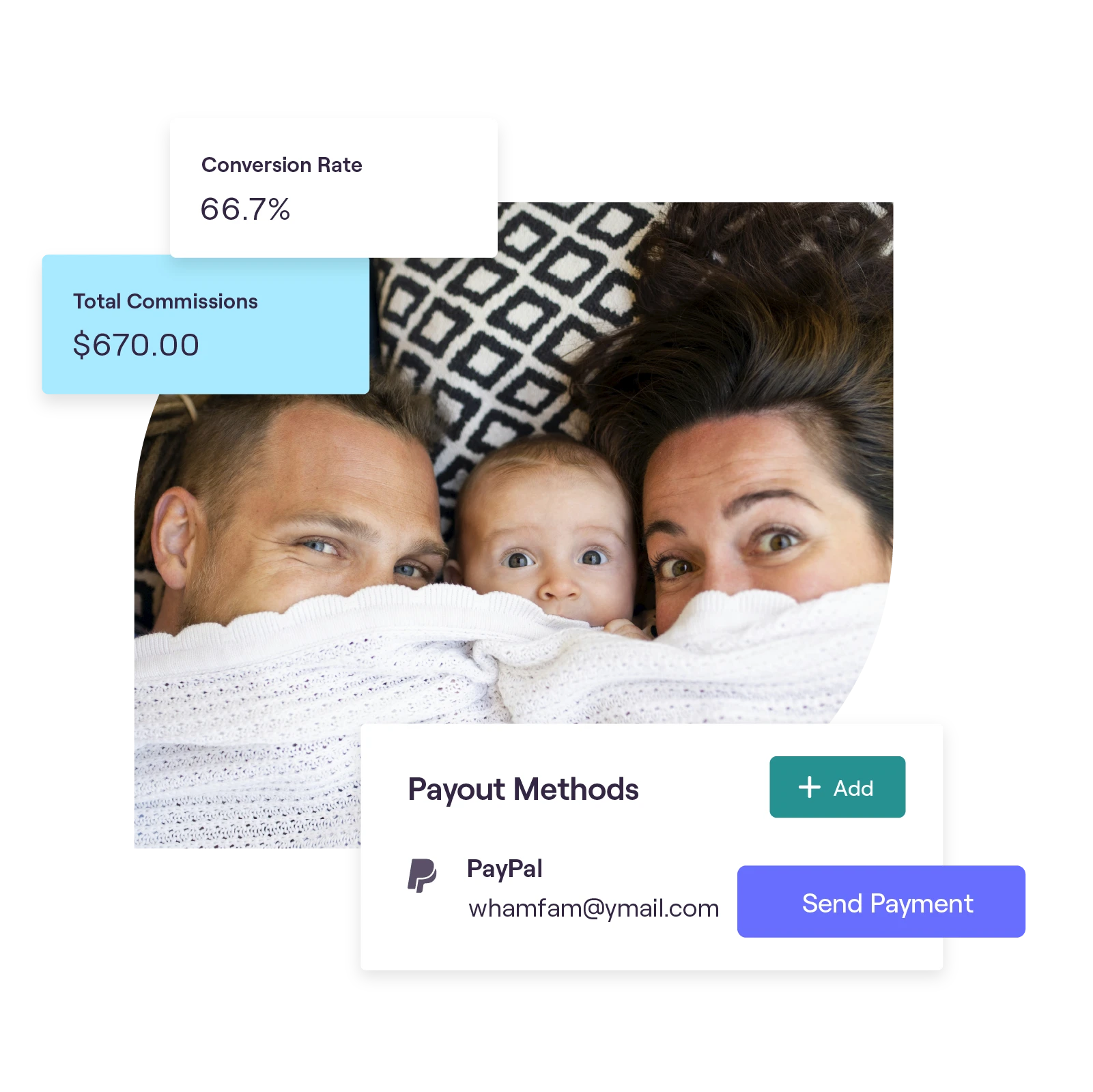 Stylized image of a family next to conversion rates and payment information