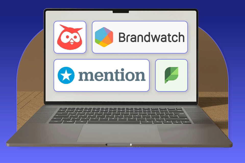 A laptop screen with brand monitoring tool logos on it