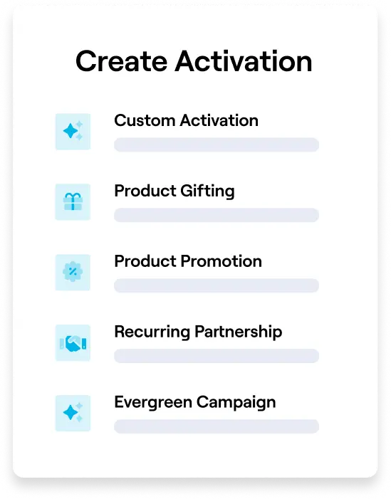 Image of options when Creating Activations in GRIN's platform