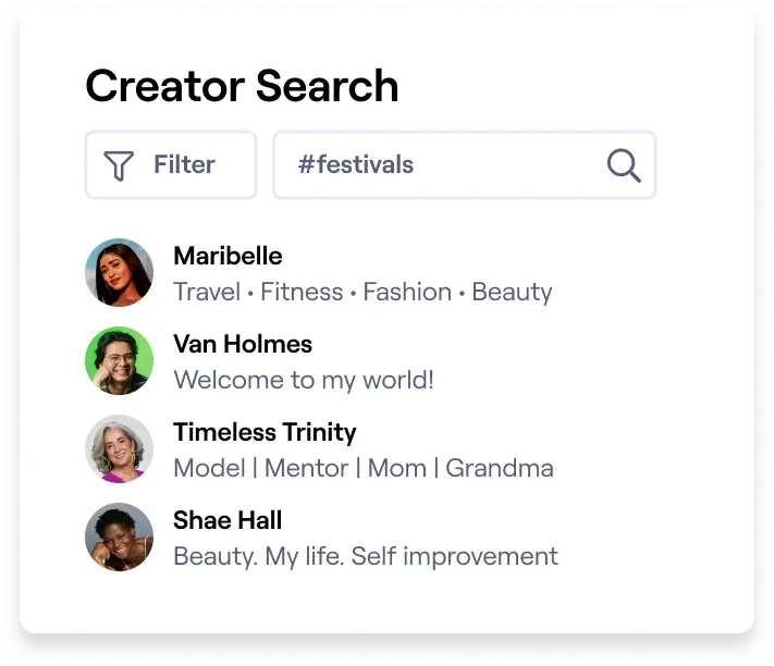 Creator search results in GRIN's influencer marketing software