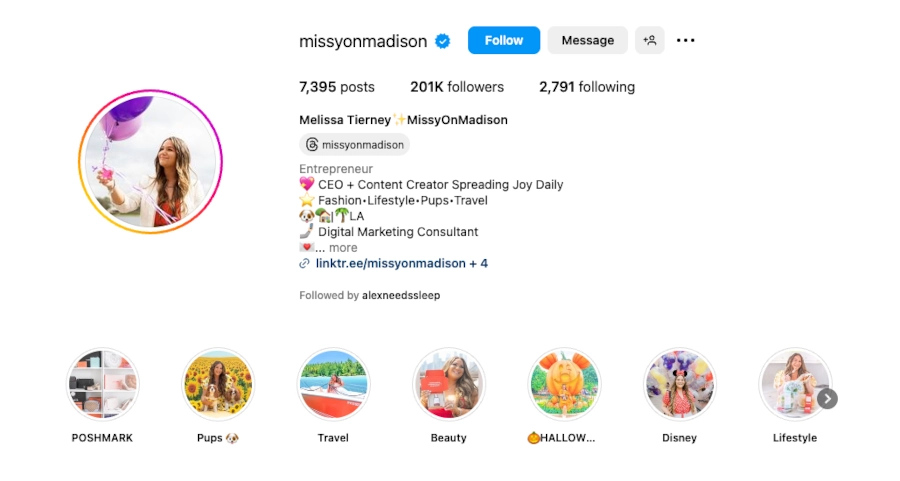 Screenshot of missyonmadison Instagram size dimensions example