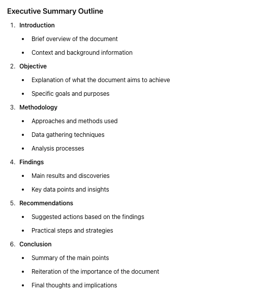 outline of a needs of an executive summary