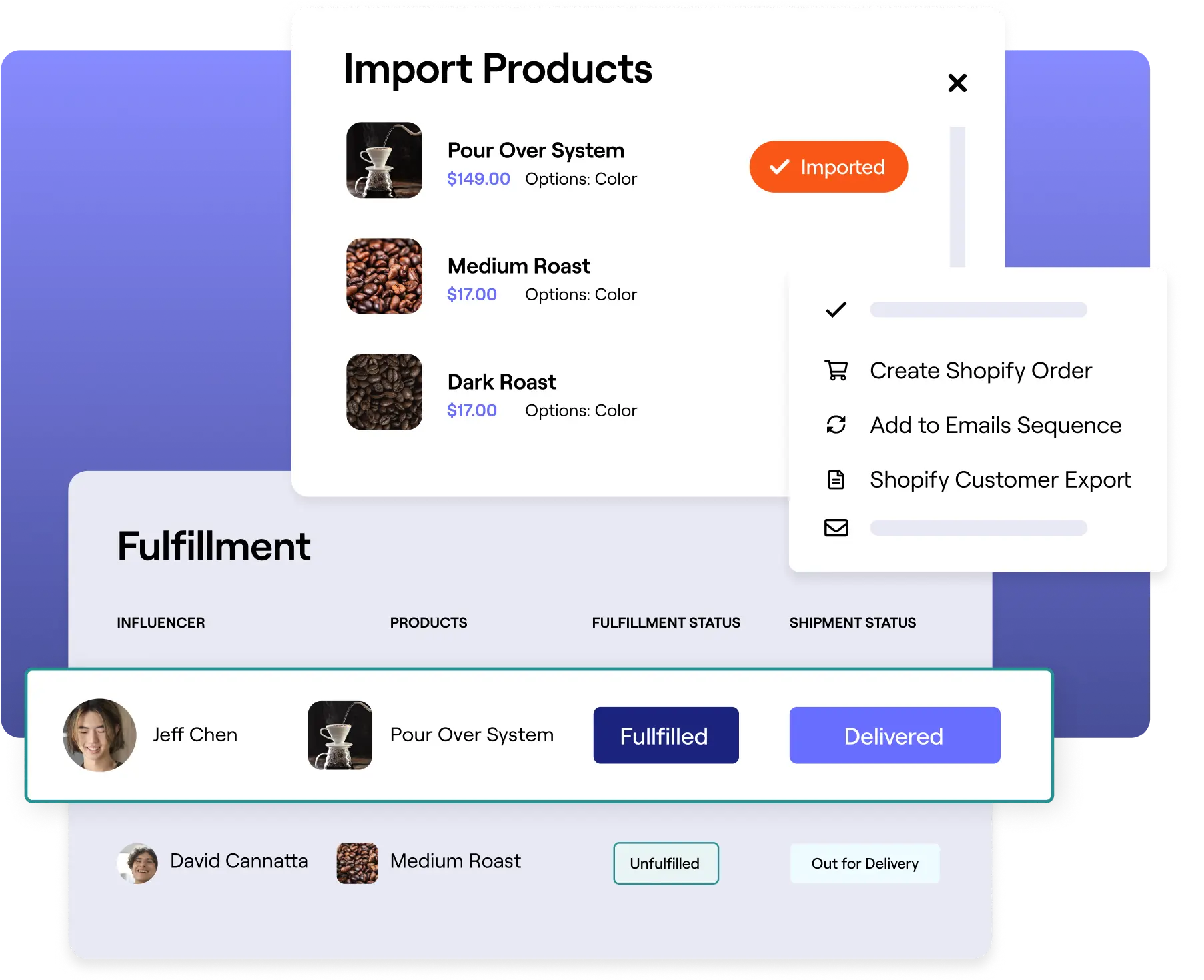 Images of GRIN's influencer gifting features