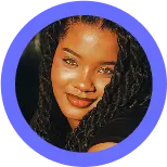 Headshot of a woman with two hair buns in a white circle